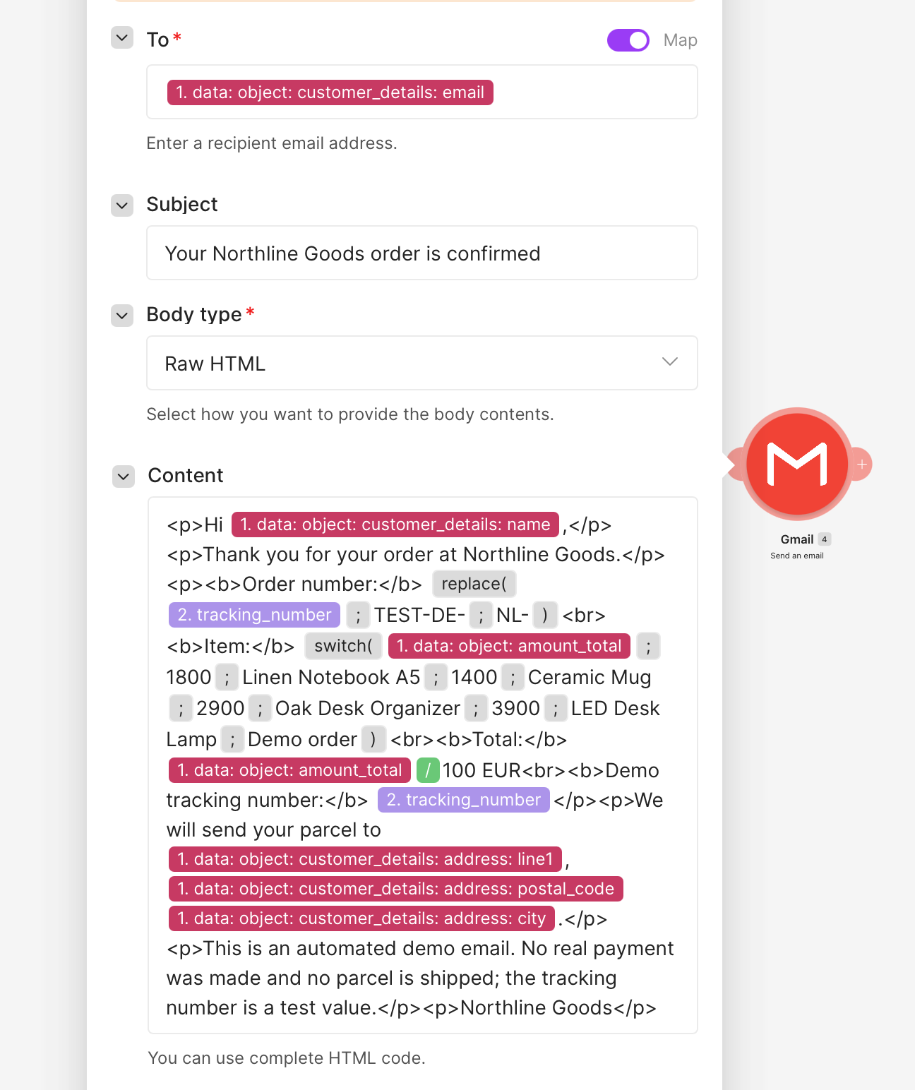Gmail-Modul mit einer HTML-Vorlage für die Bestellbestätigung
