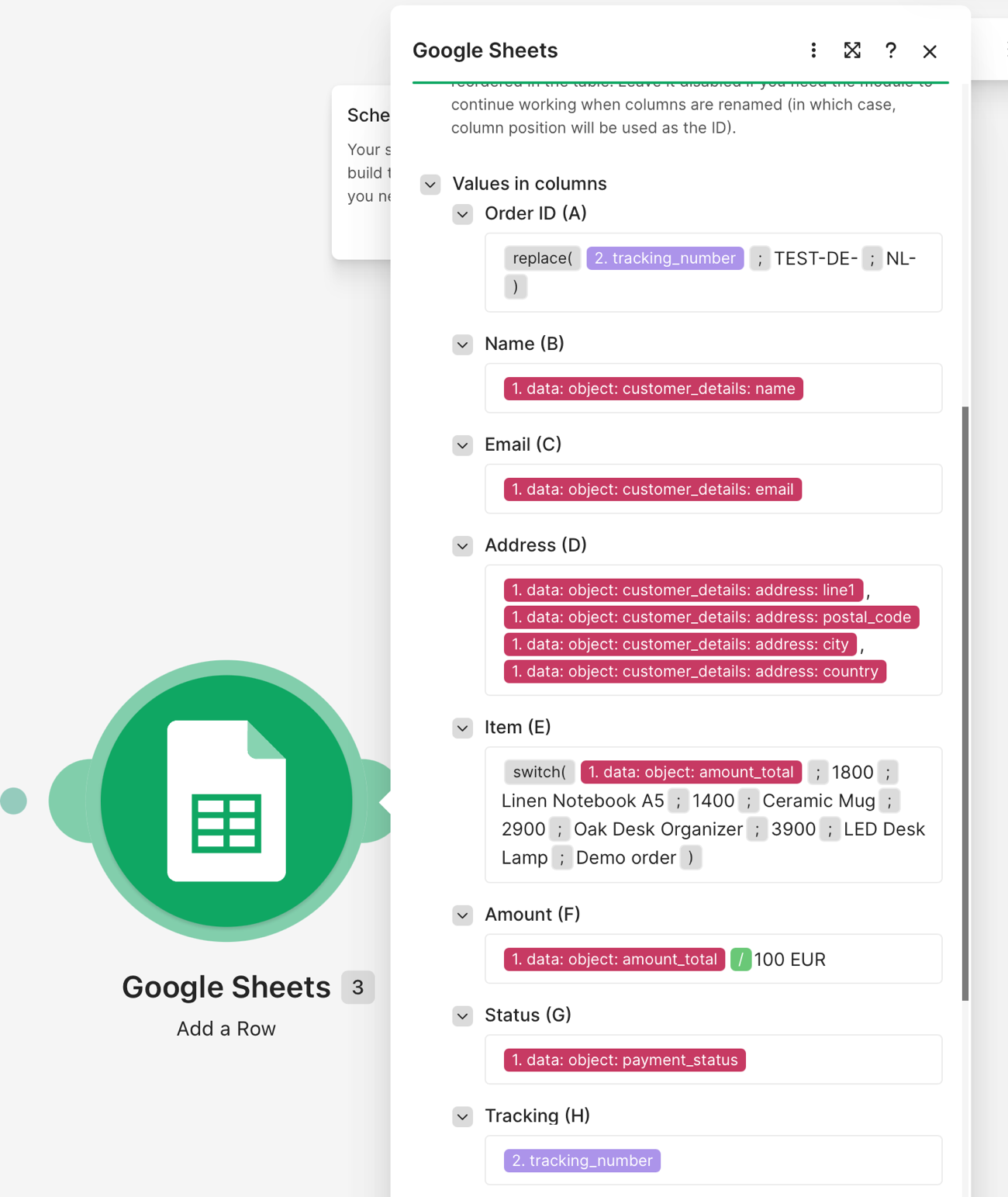Google-Sheets-Modul, das Bestelldaten Tabellenspalten zuordnet