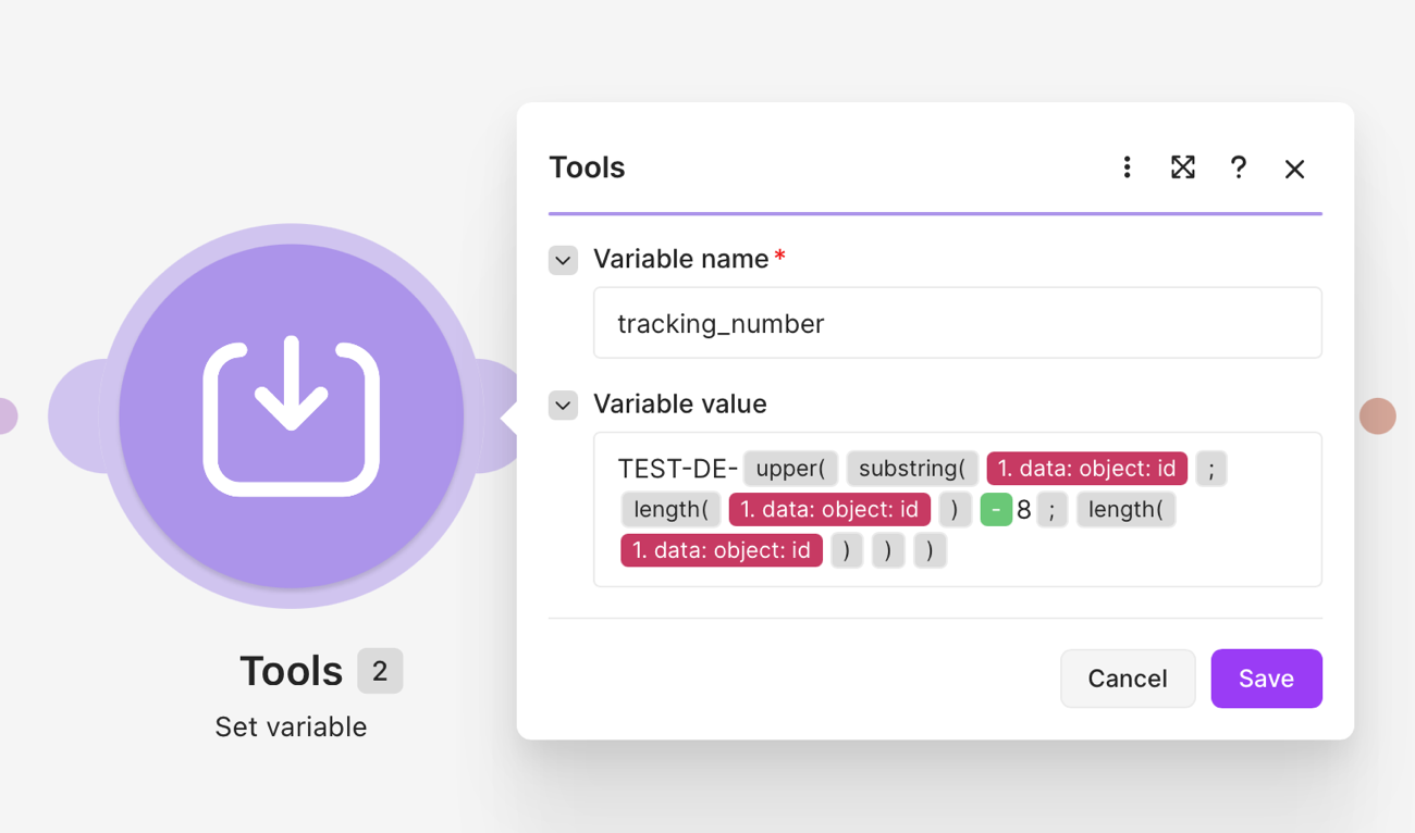 Tools-Modul, das eine Sendungsnummer-Variable erzeugt